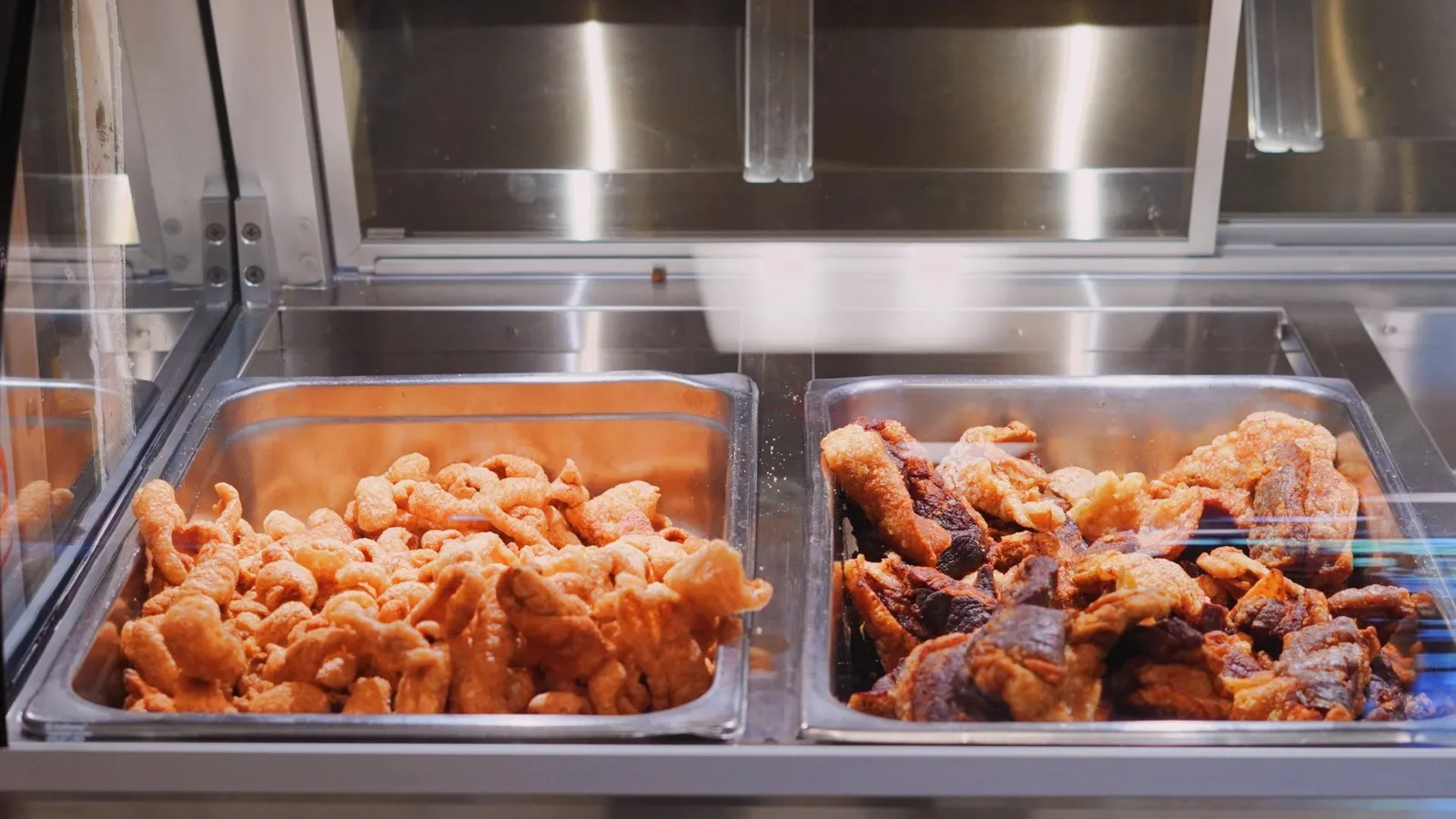Fresh crispy chicharrón displayed at Taqueria Market Portland in Vancouver