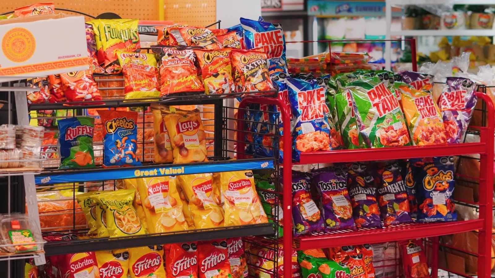 Colorful selection of Mexican chips and snacks inside Taqueria Market Portland
