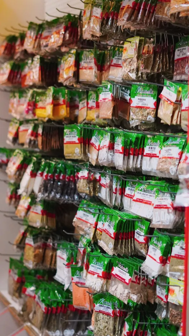 Traditional Mexican herbs, spices and seasonings displayed at Taqueria Market Portland
